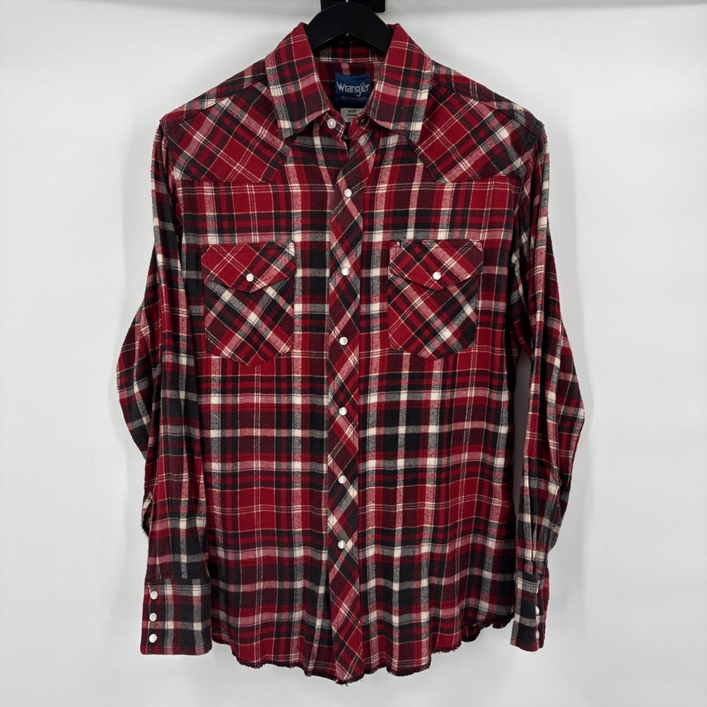 Wrangler Men's Western Flannel Pearl Snap Size Medium Red Gray Rockabilly VTG.